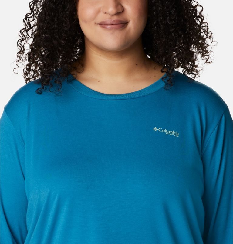 Women's Columbia PFG Slack Water Graphic Long Sleeve Sweatshirts Blue | Plus Size CA-YC34A